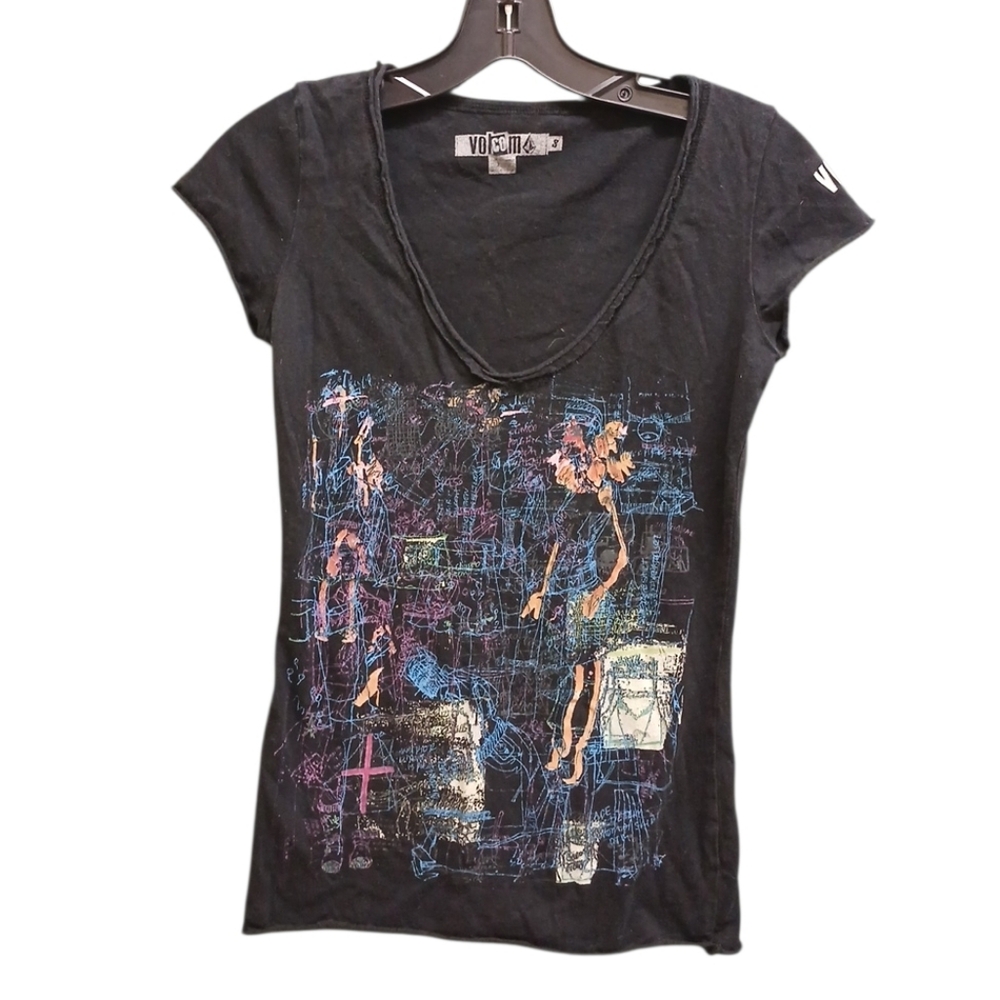 Volcom Y2K Vintage Black and Multicolor Graphic Tee Deep V-neck Size Small